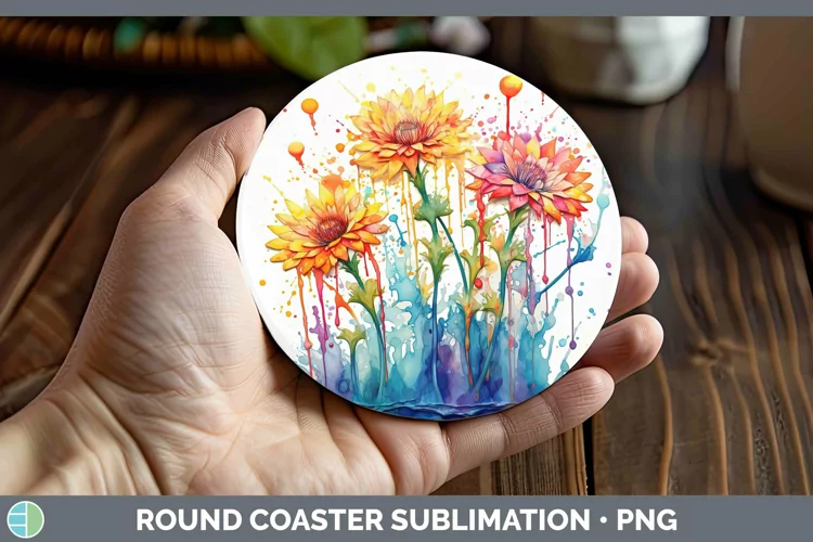 Rainbow Flowers Calendula Round Coaster Sublimation Coaster