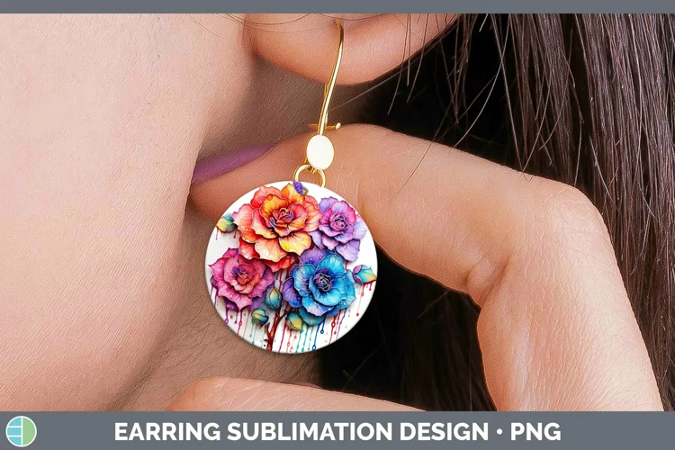 Rainbow Flowers Camellia Round Earrings Sublimation Earrings