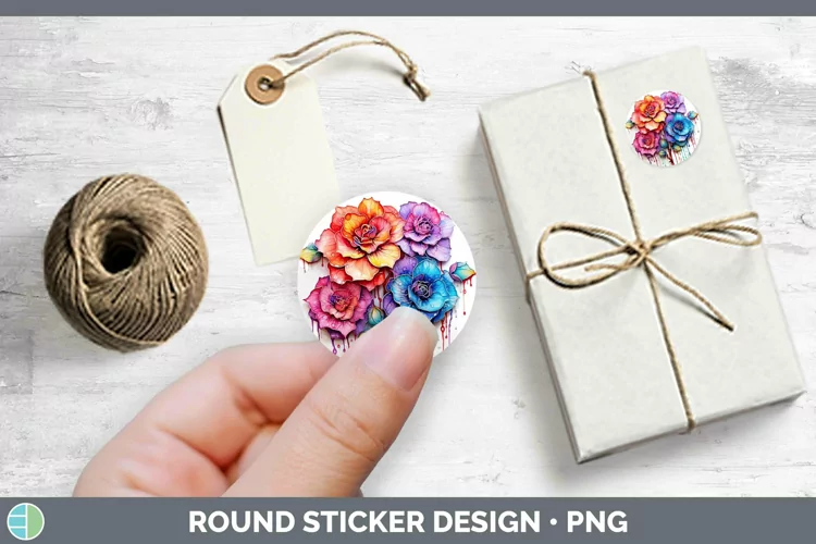 Rainbow Flowers Camellia Stickers | Round Labels Designs