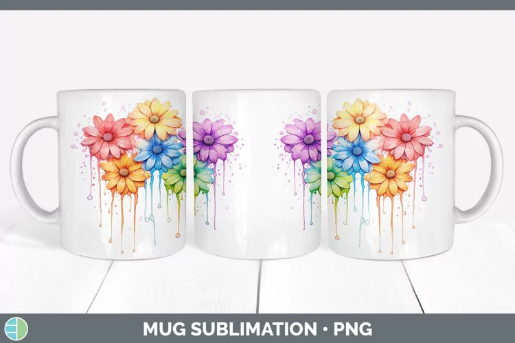 Rainbow Flowers Daisy Mug Wrap Sublimation Coffee Cup Design