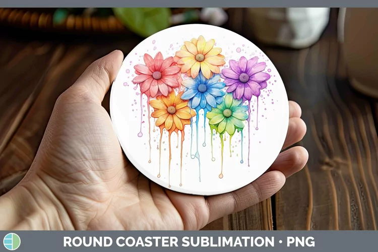 Rainbow Flowers Daisy Round Coaster Sublimation Coaster Desi