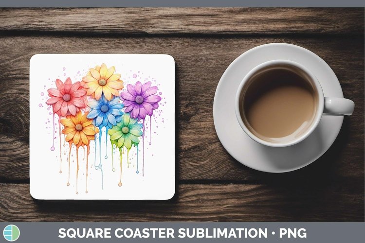 Rainbow Flowers Daisy Square Coaster Sublimation Coaster Des