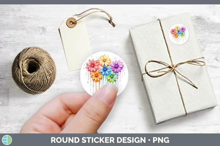 Rainbow Flowers Daisy Stickers | Round Labels Designs