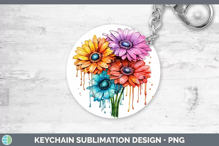 Rainbow Flowers Gerbera Daisy Keychain Sublimation Keyring D