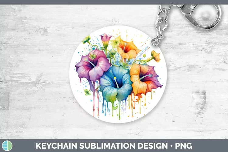 Rainbow Flowers Morning Glory Keychain Sublimation Keyring D