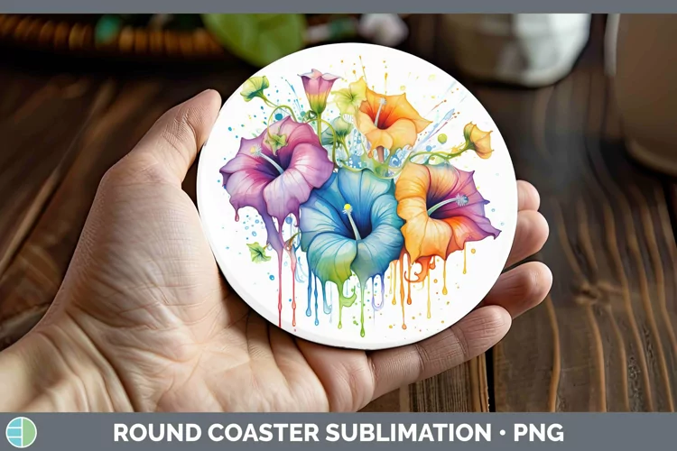 Rainbow Flowers Morning Glory Round Coaster Sublimation Coas