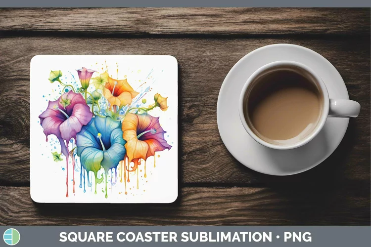 Rainbow Flowers Morning Glory Square Coaster Sublimation Coa