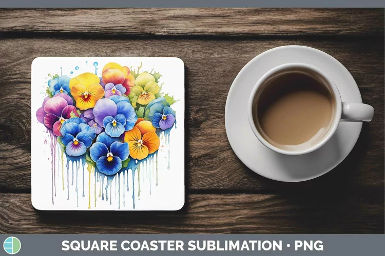 Rainbow Flowers Pansy Square Coaster Sublimation Coaster Des
