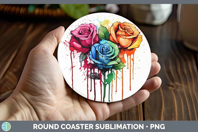 Rainbow Flowers Rose Round Coaster Sublimation Coaster Desig