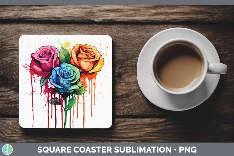 Rainbow Flowers Rose Square Coaster Sublimation Coaster Desi