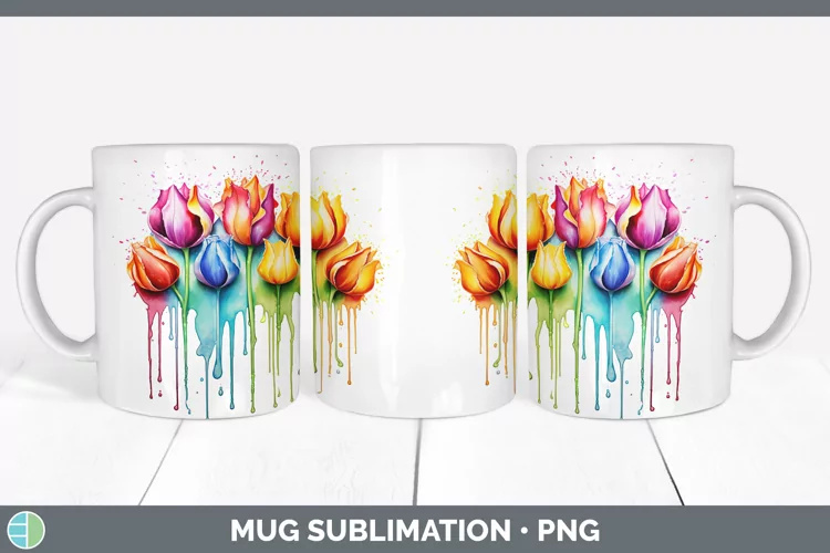 Rainbow Flowers Tulip Mug Wrap Sublimation Coffee Cup Design