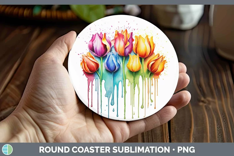 Rainbow Flowers Tulip Round Coaster Sublimation Coaster Desi