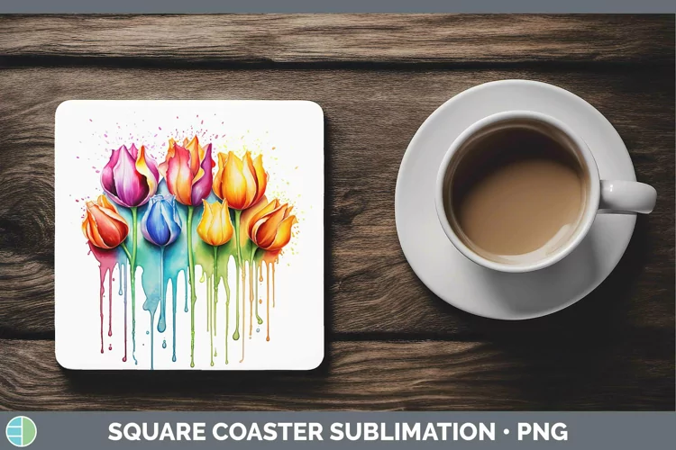 Rainbow Flowers Tulip Square Coaster Sublimation Coaster Des