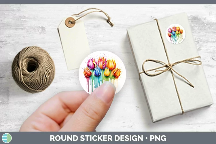Rainbow Flowers Tulip Stickers | Round Labels Designs