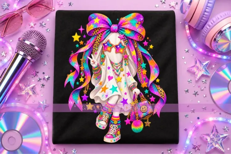 Rainbow Ghost PNG with Oversized Bow and Star Sunglasses