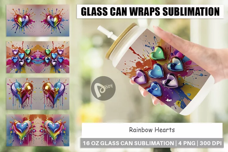 Glass Can Wraps Rainbow Hearts
