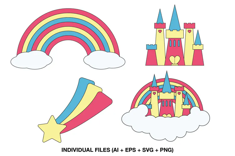 Princess Castle Clipart with Rainbow and Shooting Star