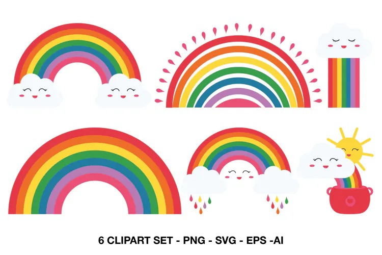 Cute Rainbow Clipart with Clouds Sun Rain and Pot of Gold