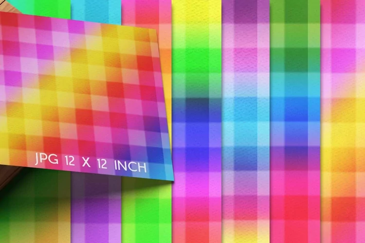 Rainbow plaid watercolor digital scrapbook papers