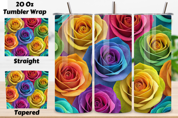 Rainbow Rose Seamless Tumbler Wrap, Multicolor 3D Roses