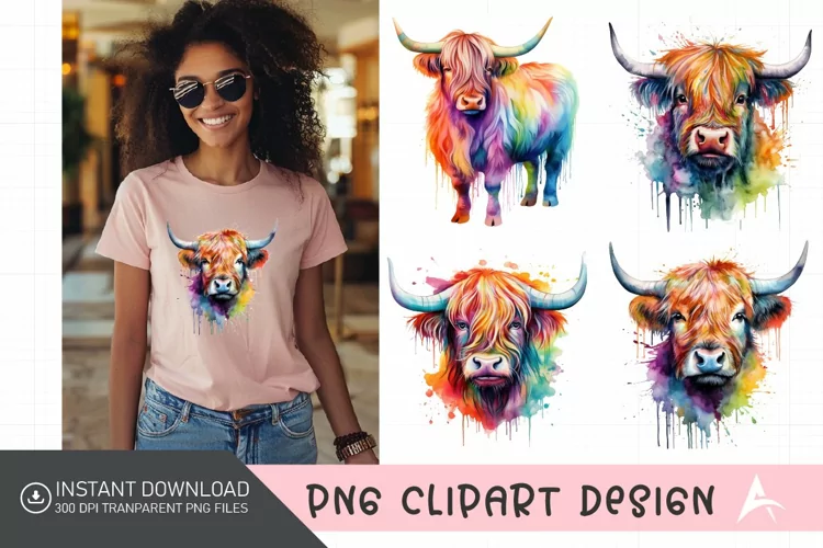 Watercolor Rainbow Watercolor Highland Cow Clipart