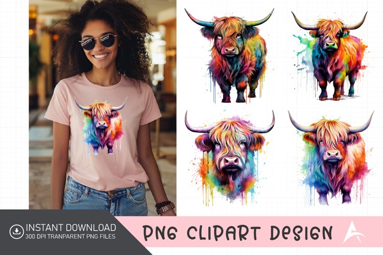 Watercolor Rainbow Watercolor Highland Cow Clipart