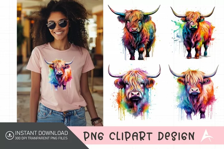 Watercolor Rainbow Watercolor Highland Cow Clipart
