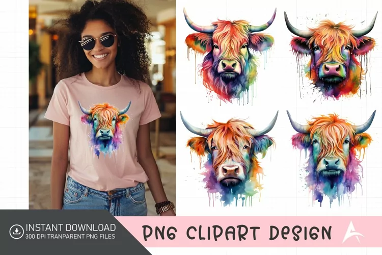 Watercolor Rainbow Watercolor Highland Cow Clipart