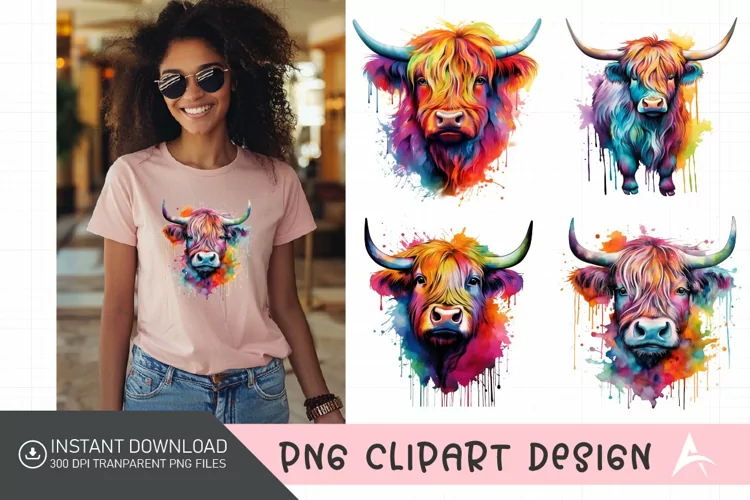 Watercolor Rainbow Watercolor Highland Cow Clipart