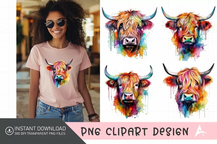 Watercolor Rainbow Watercolor Highland Cow Clipart