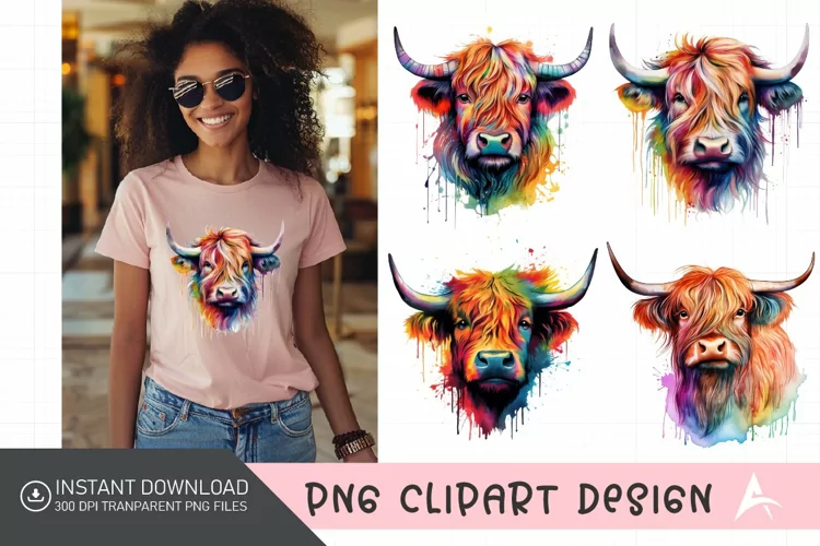 Watercolor Rainbow Watercolor Highland Cow Clipart