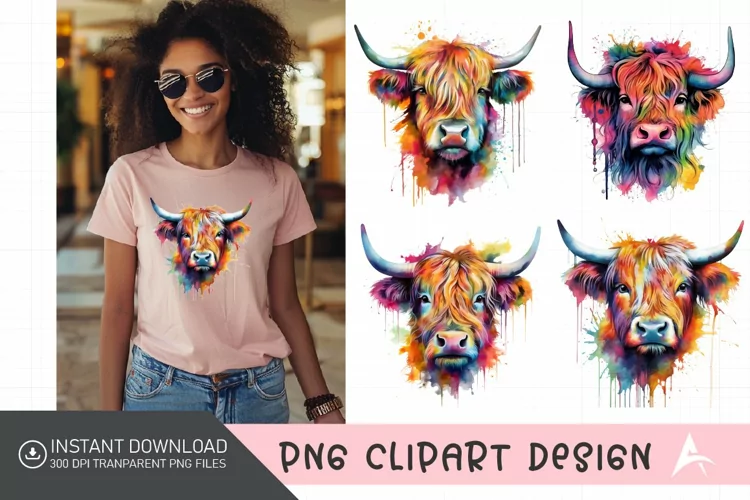 Watercolor Rainbow Watercolor Highland Cow Clipart