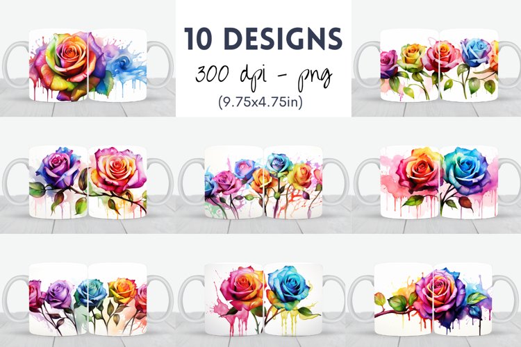 Rainbow Watercolor Roses Mug Sublimation Bundle / Mug Wrap