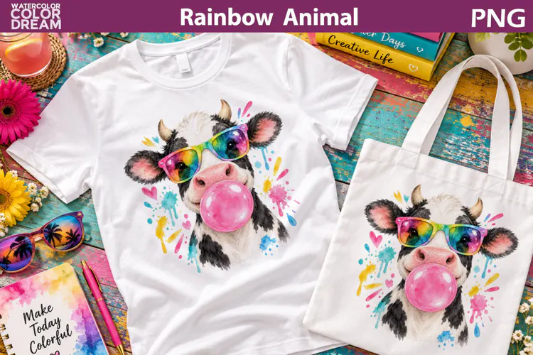 Rainbow Cow Clipart | Watercolor Cow Sublimation