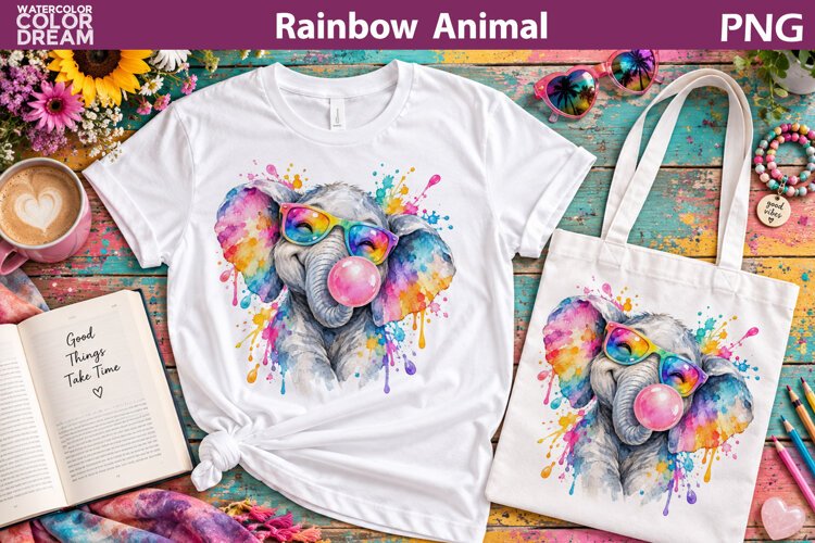 Rainbow Elephant Clipart | Watercolor Animal Sublimation example image 1