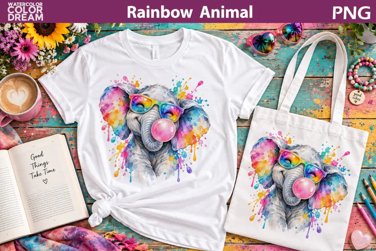 Rainbow Elephant Clipart | Watercolor Animal Sublimation