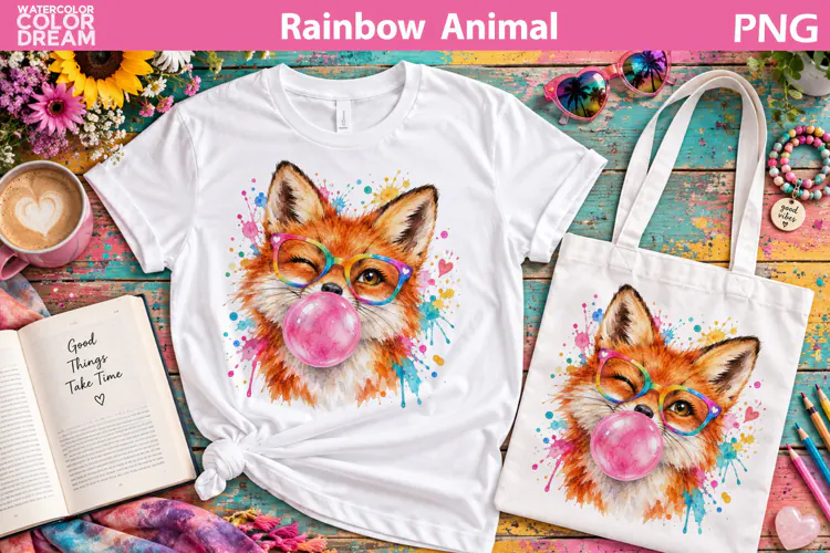 Rainbow Fox Bubble Gum | Watercolor Animal Sublimation