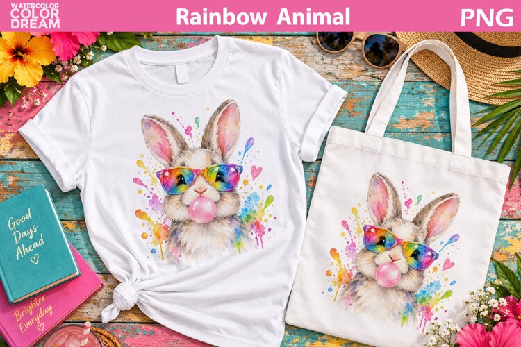 Rainbow Bunny Bubble Gum | Watercolor Animal Sublimation example image 1