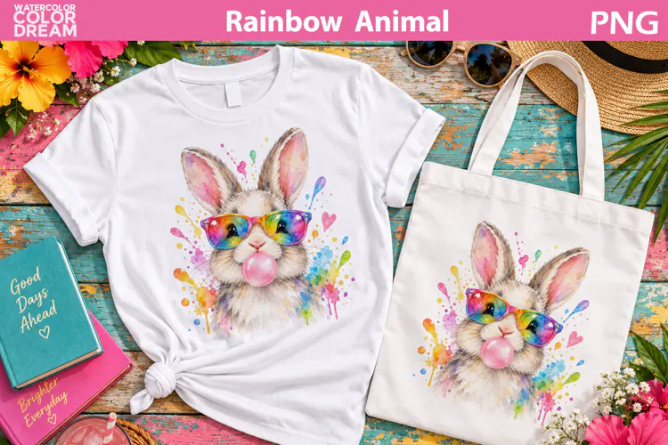 Rainbow Bunny Bubble Gum | Watercolor Animal Sublimation