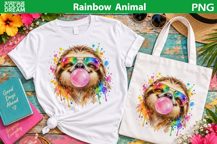 Rainbow Sloth Bubble Gum | Watercolor Sublimation