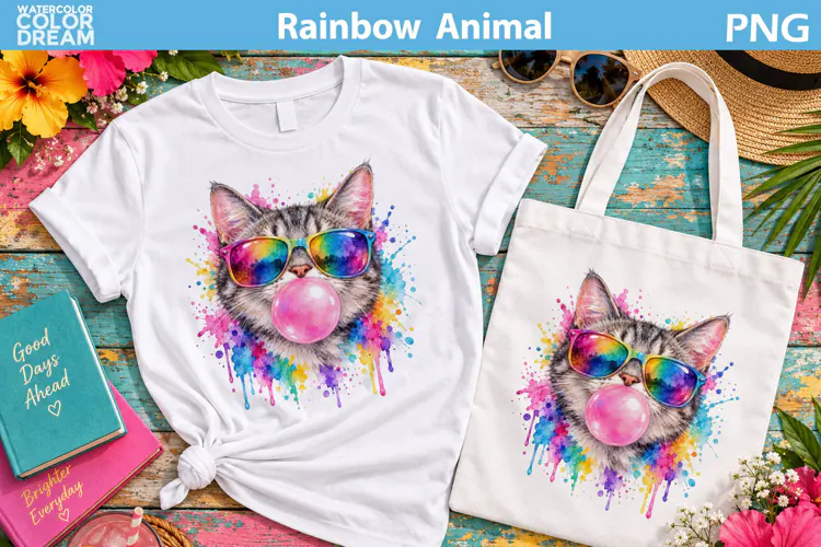 Rainbow Cat Bubble Gum | Watercolor Animal Sublimation