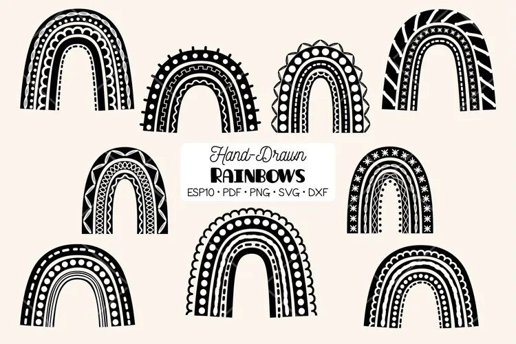 Boho Rainbow Doodles | Black and White| Cute SVG design