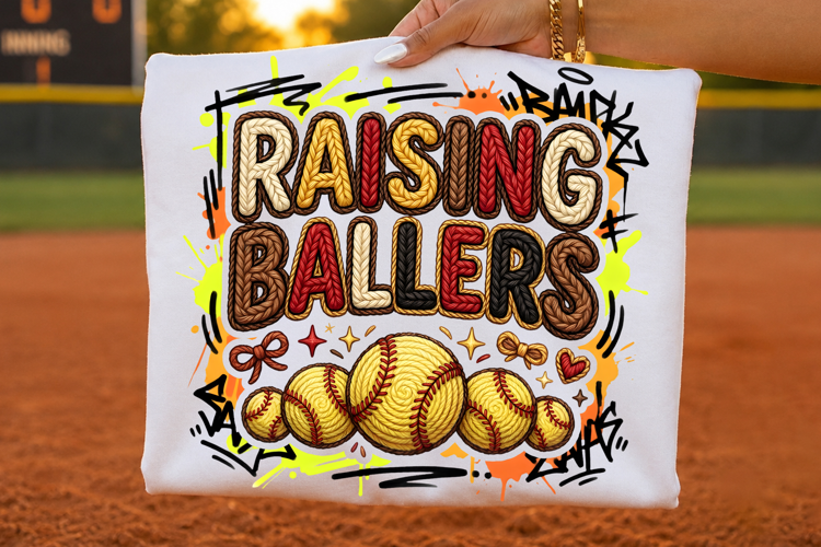 Raising Ballers Softball Faux Yarn Embroidery T-Shirt Design