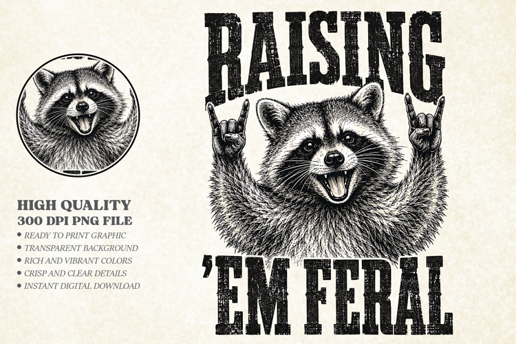 Raising Em Feral Funny Raccoon PNG, Vintage Rock On Design
