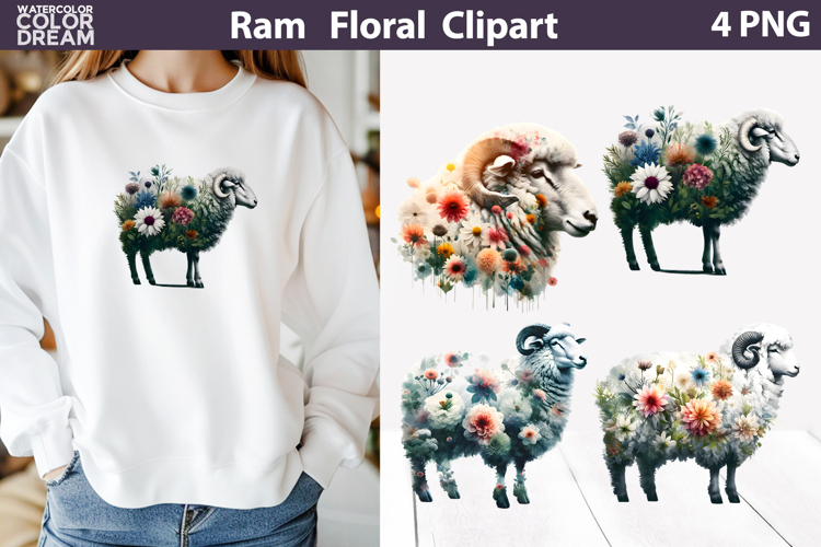 Floral Ram Clipart PNG | Farmhouse Sublimation