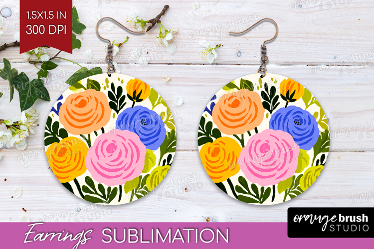 Ranunculus Modern Floral Round Earrings Sping Flower PNG