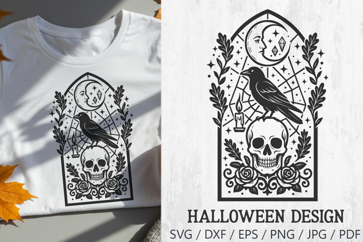Raven and Skull Stained Glass Halloween SVG Cut File