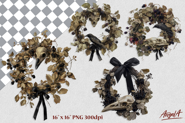 Gothic floral wreath clipart, Raven, skull, dry flowers