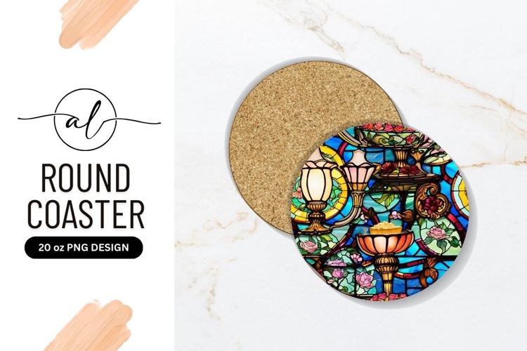 Ornate Stained Glass Round Coaster Png Image