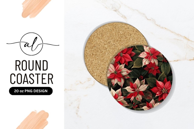 Red Poinsettia And Leaves Round Coaster Png